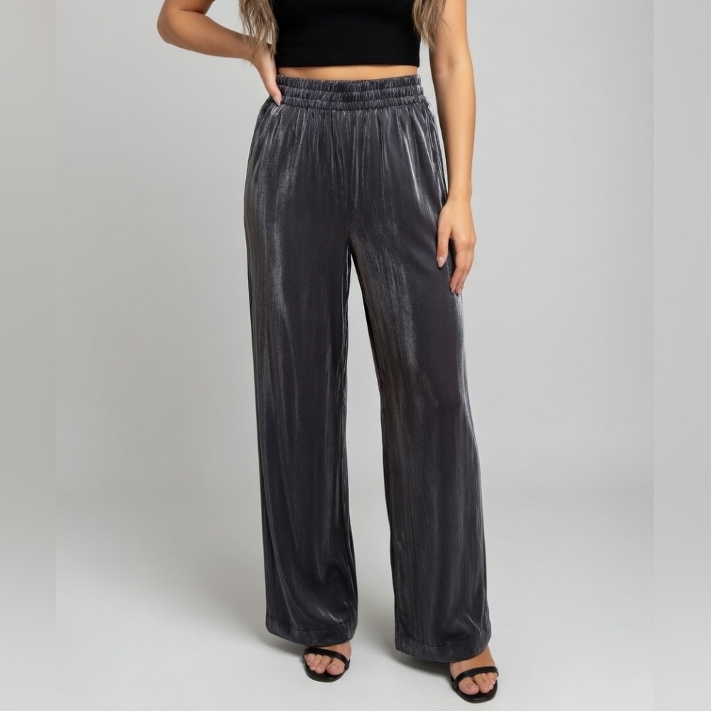 NWT Metallic Silver Shiny Wide Leg Pants Charcoal XS Elastic Waist Glam Y2K